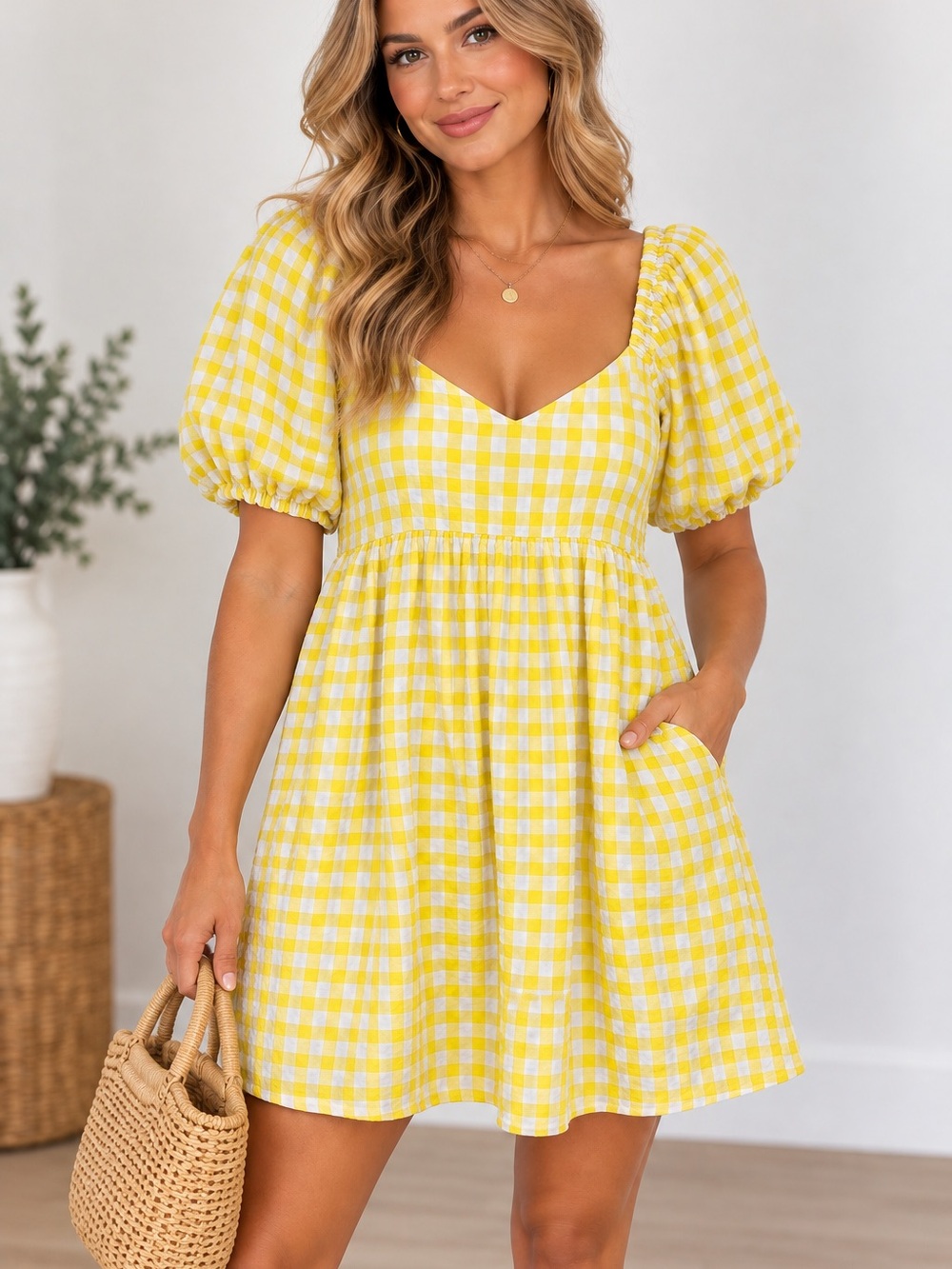 Old Navy Yellow Gingham Puff-Sleeve Babydoll Dress